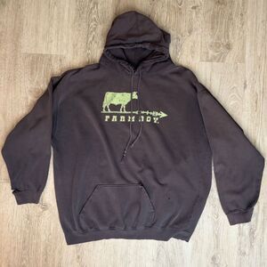 Distresed Farm Boy Graphic Hoodie Cow Logo Brown Size XXL Vintage Pullover
